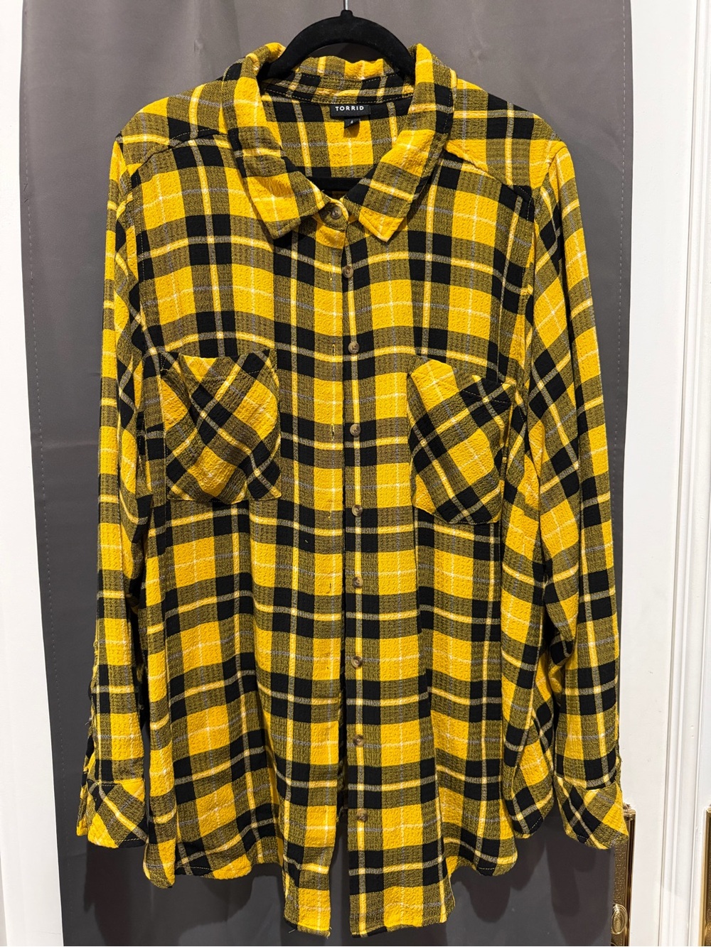 Torrid Size 4 Yellow Black Plaid Button Down Flannel Shirt Plus Size 4X